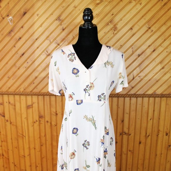 MJW Studio Maxi Shirt Dress Beige Floral Size 7/8 Short Sleeve Collared Half D98 - Picture 8 of 8